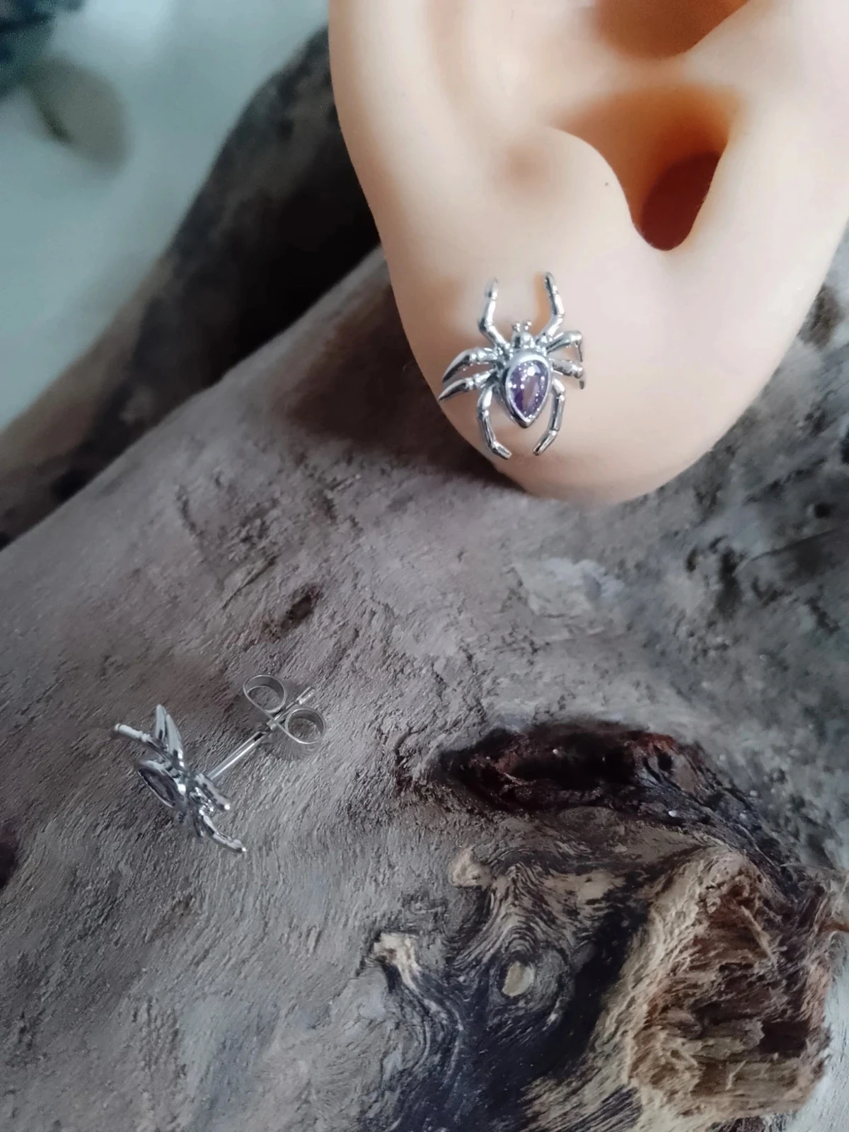 Boucles d'oreilles argentées araignées violettes – photo 2